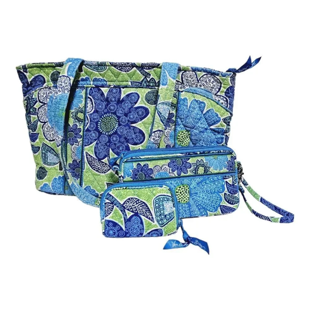 Vera Bradley 3 pc set tote , wallet & earbud case retired